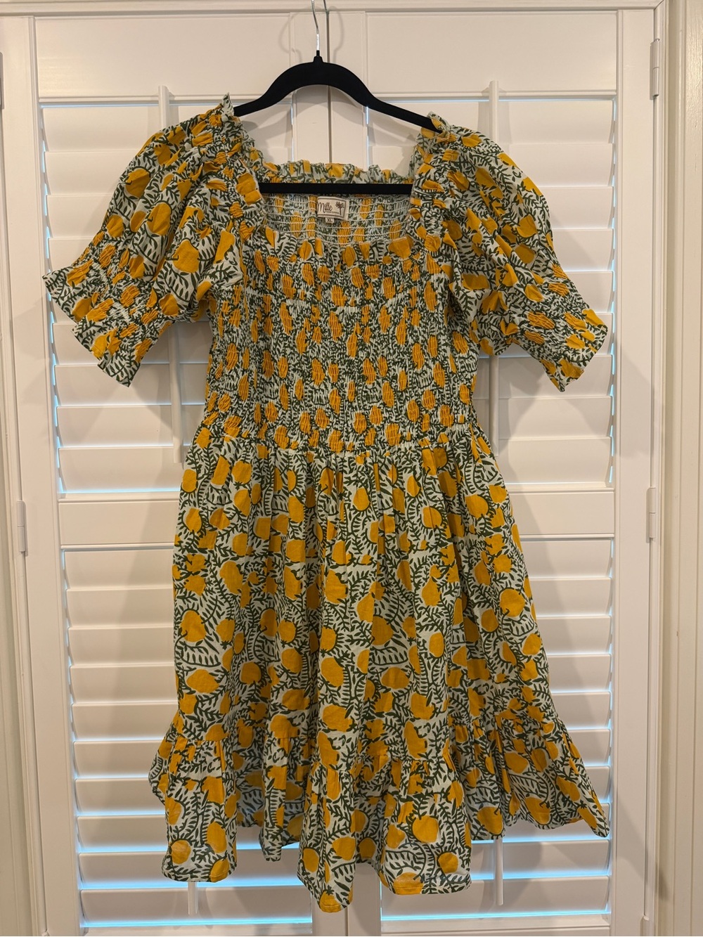 Mille Smocked Yellow Floral Mini Dress with Puff Sleeves XL